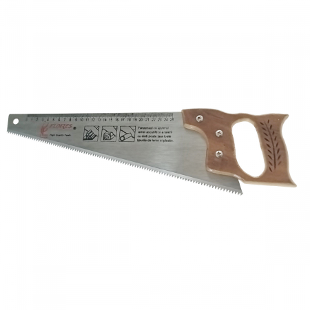 Instrumente de taiere - Fierastrau cu lama de 400 mm gradata pe lungimea de 25 cm si maner de lemn, Flores, pentru lemn si plastic