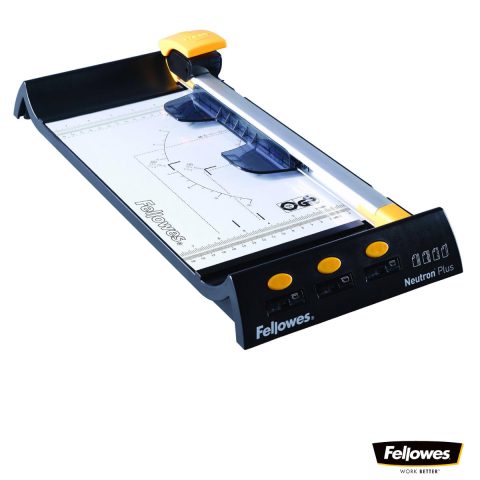 Ghilotine pentru hârtie - Ghilotina cu disc rotativ, Fellowes Neutron+ A4, pentru acasa si birou, taiere A4, capacitate 10 coli, sistem SafeCut, pat aluminiu