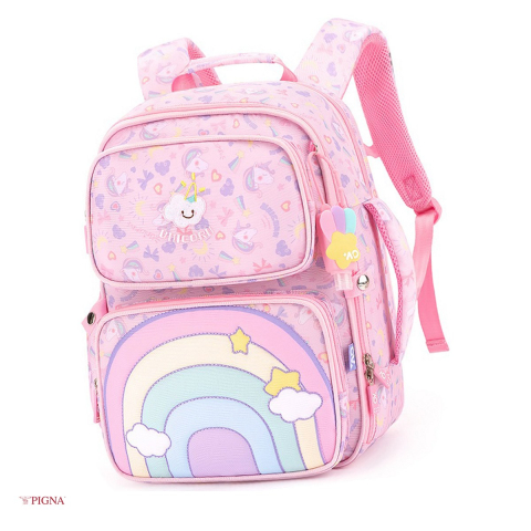 Bagaje si Accesorii - Ghiozdan Pigna Funtasy, pentru prescolari, curcubeu 3 fermoare, roz, 38x30x20 cm