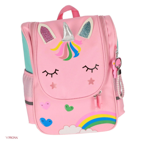 Bagaje si Accesorii - Ghiozdan Pigna Unicorn, din poliester, pentru prescolari, 2 compartimente 2 fermoare, roz, 28x22x10 cm