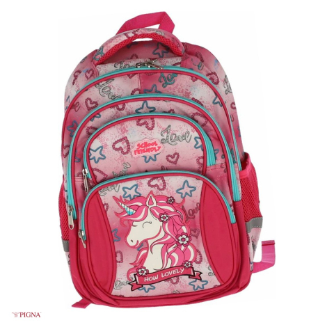 Bagaje si Accesorii - Ghiozdan Pigna Unicorn, pentru scoala generala, 4 fermoare, roz, 40x30x12 cm