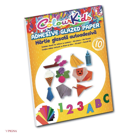 Birotica papetarie - Hartie lucru manual Pigna Colour Kids, A4, glasata autocolanta 10 culori/set