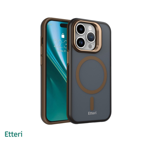 Huse si protectii smartphone - Husa Etteri Morning Fog pentru iPhone 15 Pro, Carcasa magnetica, functia de suport, buton metalic, PC, TPU (poliuretan termoplastic), Maro