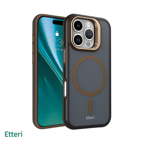 Huse si protectii smartphone - Husa Etteri Morning Fog pentru iPhone 16 Pro Max, Carcasa magnetica, functia de suport, buton metalic, PC, TPU (poliuretan termoplastic), Maro