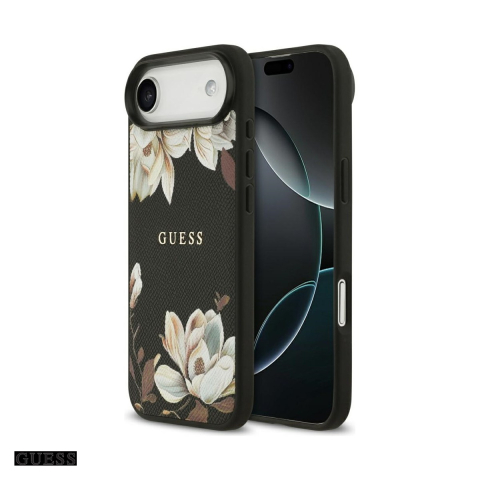 Huse si protectii pentru iPhone 17 Air - Husa Guess Grained Flowers Classic Logo pentru iPhone 17 Air, Carcasa magnetica, Negru