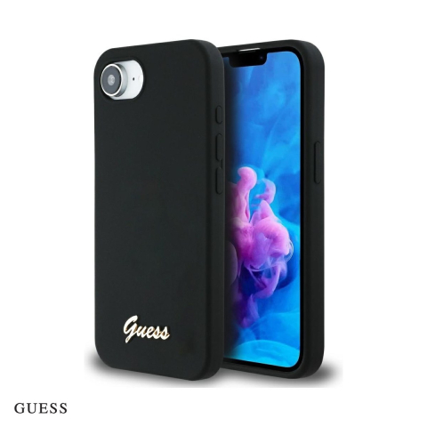 Huse si protectii pentru iPhone 16e - Husa Guess Hc Silicone Script Metal Logo pentru iPhone 16e, Carcasa, Negru