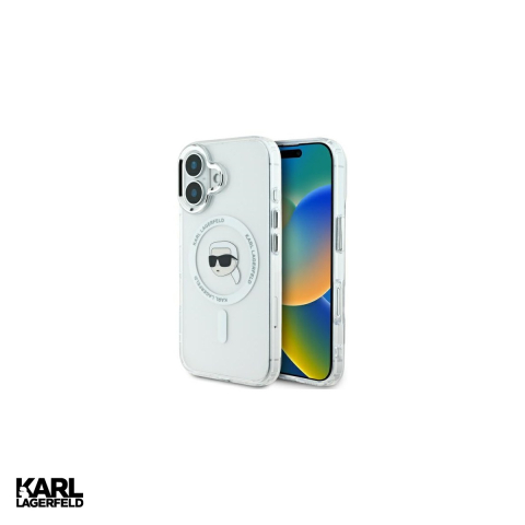 Huse si protectii pentru iPhone 16 - Husa Karl Lagerfeld Iml Metal Karl Head pentru iPhone 16, Carcasa magnetica, Alb