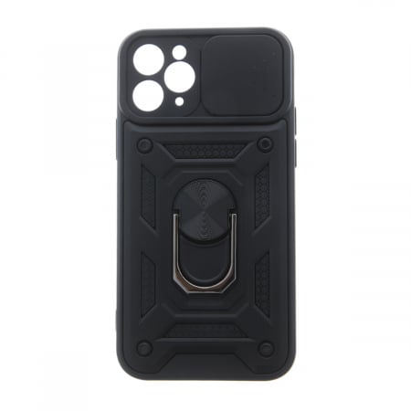 Huse si protectii pentru Samsung Galaxy A16 4G - Husa spate Antisoc Defender Slide Armor, compatibila Samsung Galaxy A16 4G / A16 5G, suport cu inel rotativ 360 grade incorporat, capac glisant pentru camera, neagra