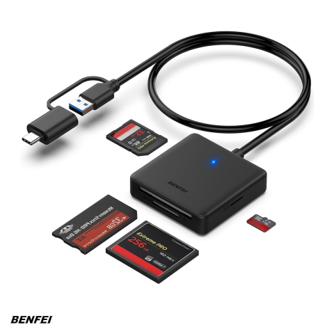 Cititoare Carduri - Cititor de carduri Benfei 4 in 1, citeste SD MicroSD MS CF, conectare USB-C USB-A, interfata USB 3.0, cablu 0.63m