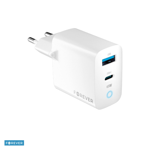 Incarcator priza retea - Incarcator Forever TC-06-65AC, GaN PD QC 65 W, 1x USB-C + 1x USB, alb
