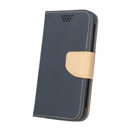 Huse si protectii pentru Huawei - Husa universala pentru smartphone cu ecran de pana la 5.5 inch , 159mm x 87mm, tip carte, cu inchidere magnetica si functie stand, buzunar card, Smart Universal Fancy Silicon, neagra cu auriu