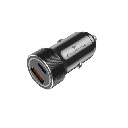 Incarcator auto - Incarcator auto 20W PrestiCo K2A, cu 2 porturi,1x USB-C PD 20W si 1xUSB-A QC3.0, cu protectie, negru