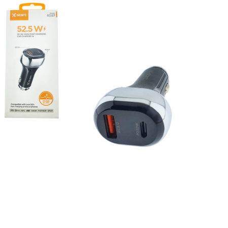 Incarcator auto - Incarcator auto 52.5W X-START CC117, cu 2 porturi, 1 x USB-C PD 30W, 1 x USB-A QC3.0, cu protectie, negru