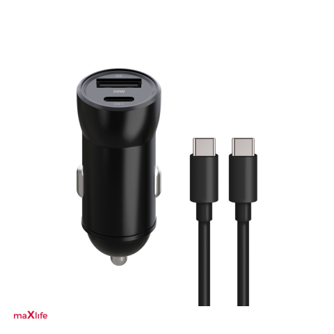 Incarcator auto - Incarcator auto Maxlife MXCC-04, PD QC 20 W, 1x USB-C + 1x USB, cu cablu USB-C - USB-C, negru