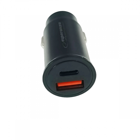 Incarcator auto - Incarcator auto rapid 20W, cu port USB-C si USB-A, Esperanza, PD, QC 3.0, intrare 12-24V, negru