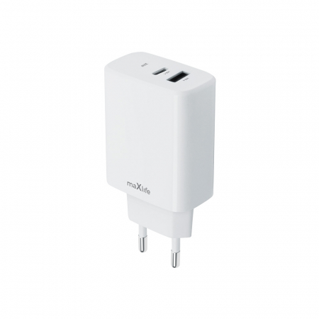 Accesorii IT - Incarcator dual cu port USB-C si USB-A la priza Euro, Quick Charge+, PD 20W, 3A, Maxlife, 100-240V, alb