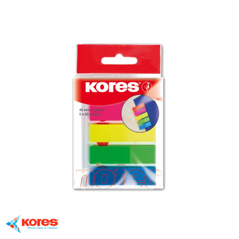 Birotica papetarie - Index adeziv din plastic Kores, 12x45 mm, 5 culori, repozitionabil, pentru documente si notite