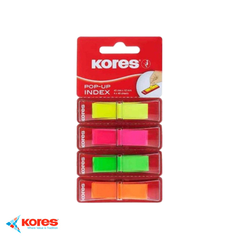 Birotica papetarie - Index adeziv plastic Kores, 12x45 mm, 4 culori, 40 file/culoare, pentru organizarea documentelor
