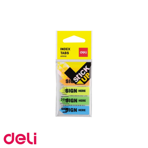 Notes, Post-it si cuburi de hartie - Index adeziv plastic "Sign Here" Deli, 44x12mm, 5 culori, 20 file per culoare, cu suport plastic inclus