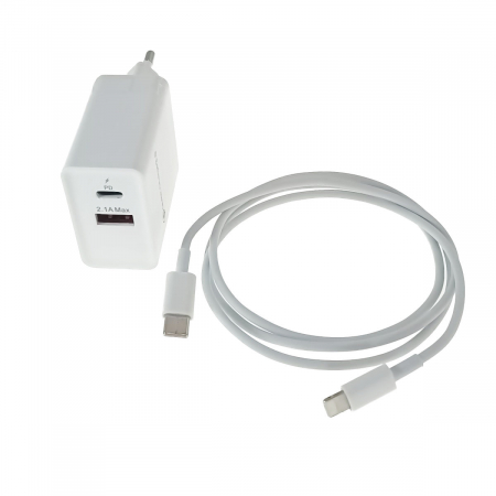 Incarcator priza retea - Kit incarcator retea QC 3.0 PD 3.4A, 2 porturi USB-C si USB, cu cablu USB-C tata la tip lightning, 18W, lungime 1m, alb