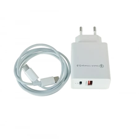 Incarcator priza retea - Kit incarcator retea QC 3.0 PD 3.4A, 2 porturi USB-C si USB, cu cablu USB-C tata-tata, 18W, lungime 1m, alb