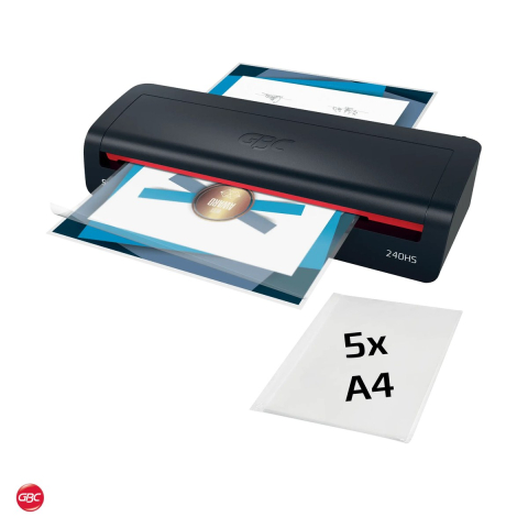 Birotica papetarie - Laminator GBC Home Office 240HS A3, folii de 75-125 microni, gata in 2 minute, un document A4 in 45 de secunde, 5 folii A4 incluse, rosu