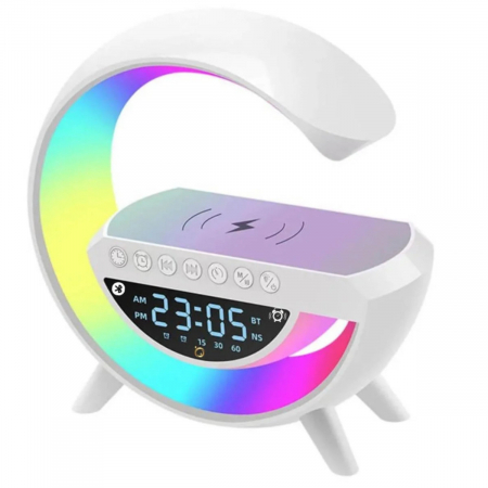 Lampi iluminare - Lampa decorativa multifunctionala cu incarcare wireless si ceas cu alarma, boxa bluetooth v.5.0, radio FM, player USB si TF, alba