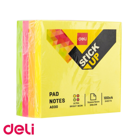 Notes, Post-it si cuburi de hartie - Notes adeziv Deli neon 76x76 mm, 400 file in 4 culori, pentru notite si mesaje rapide