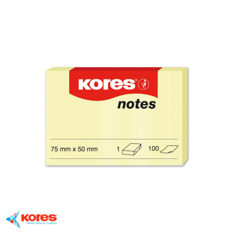 Birotica papetarie - Notes adeziv Kores, 50x75 mm, galben pal, repozitionabil, 100 file - pentru memento-uri si mesaje rapide