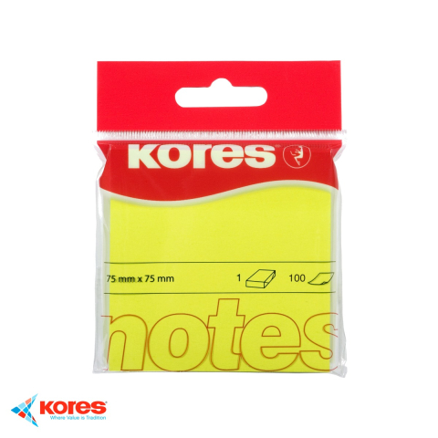 Birotica papetarie - Notes adeziv Kores, 75x75 mm, galben neon, repozitionabil, 100 file, pentru memento-uri si organizare birou