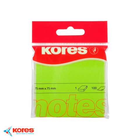 Birotica papetarie - Notes adeziv Kores, 75x75 mm, verde neon, 100 file, repozitionabil, pentru memento-uri si mesaje