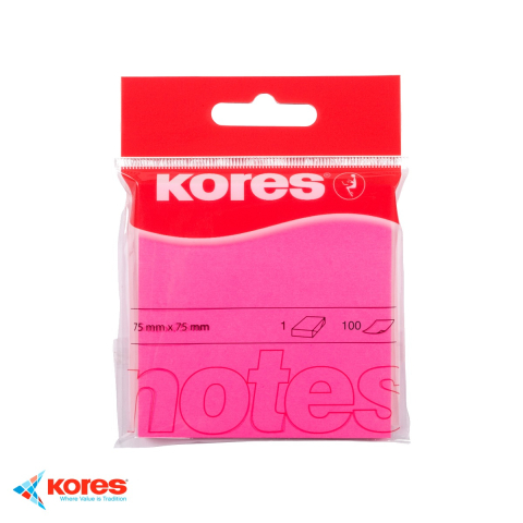 Birotica papetarie - Notes adeziv Kores roz neon 75x75 mm, repozitionabil, 100 file, pentru memento-uri si mesaje