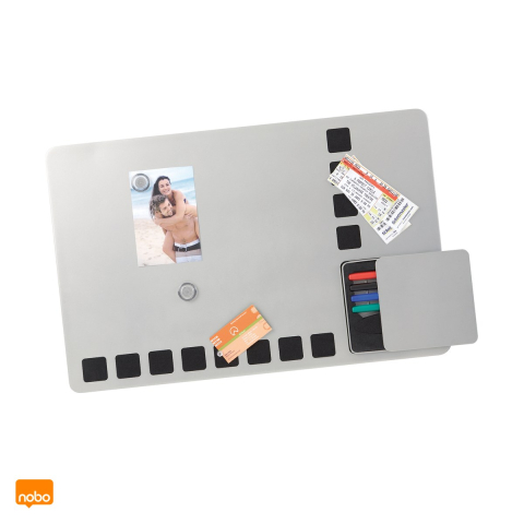 Birotica papetarie - Planner lunar magnetic Nobo Combo cu panou din pluta, fara rama, 4 markere si burete incluse, 61x39 cm, argintiu