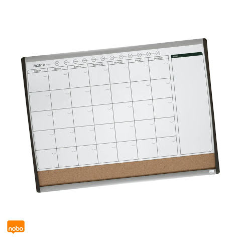 Birotica papetarie - Planner lunar magnetic Nobo cu banda din pluta pentru notite, rama negru cu argintiu, marker si burete incluse, 58.5x43 cm, negru