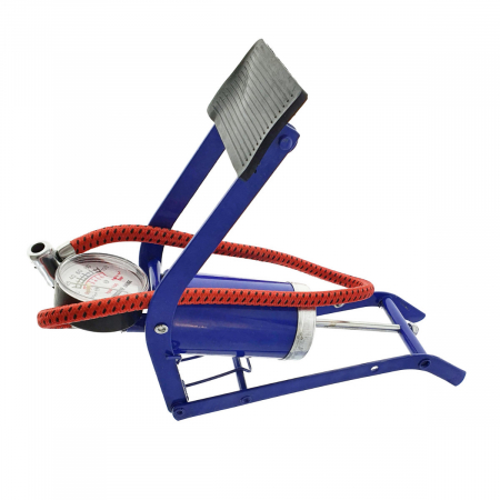 Accesorii ciclism - Pompa aer, de picior, Bossini , cu manometru pana la 7 bari, furtun 50 cm, metalica, albastra