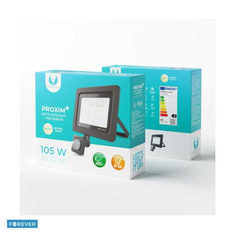 Iluminare exterior - Proiector LED Forever Proxim II 20W 4500K, 1600lm, cu senzor PIR IP66, dimensiuni 160 x 162 x 25mm, Negru