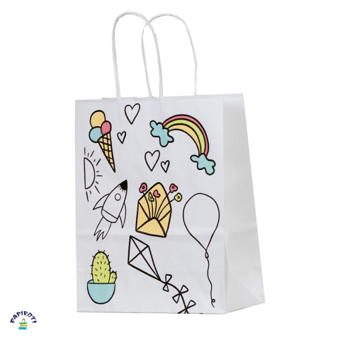Ambalaje cadouri - Punga cadou Papiroti, din hartie, cu maner rasucit, alb, model pentru copii, 22x10x31 cm