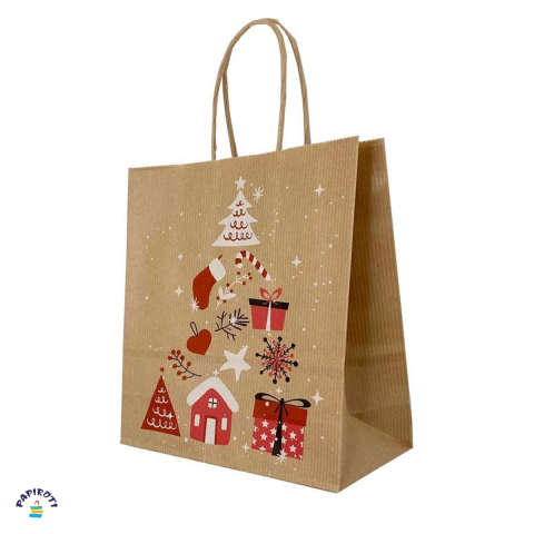 Ambalaj birou - Punga cadou Papiroti, din hartie, cu maner rasucit, maro, model de Craciun cu copac, 32x12x41 cm