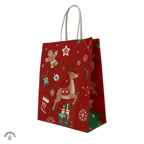 Ambalaj birou - Punga cadou Papiroti, din hartie, cu maner rasucit, rosu, interior alb, model de Craciun cu cerb, 22x10x31 cm