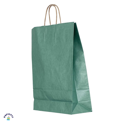 Ambalaje cadouri - Punga cadou Papiroti, din hartie, cu maner rasucit, verde, interior maro, 26x12x35 cm