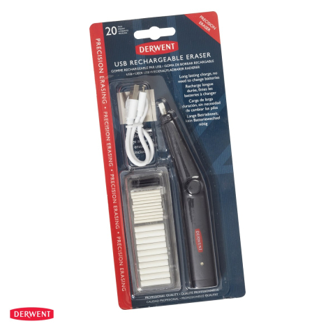 Birotica papetarie - Radiera electrica Derwent Professional, reincarcabila prin USB, cu 20 de rezerve