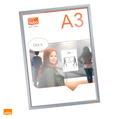 Sisteme de afisare, prezentare si plannere - Rama click Nobo Impression Pro A3 din aluminiu, pentru perete, cu cleme cu profil redus, schimbare rapida a afisului, 320x17x445 mm, gri