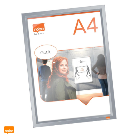 Sisteme de afisare, prezentare si plannere - Rama click Nobo Impression Pro A4 din aluminiu, pentru perete, cu cleme cu profil redus, schimbare rapida a afisului, 235x13x325 mm, gri