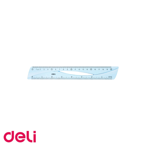 Instrumente de geometrie - Rigla Deli 20 cm, plastic albastru transparent, gradatie cm si inch, usor de ridicat de pe birou