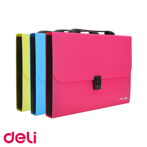 Mape, serviete si clipboarduri - Servieta documente Deli, plastic 600 microni, 13 compartimente, maner soft, culori neon asortate