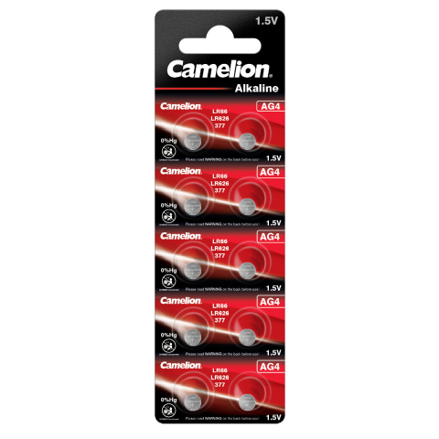 Baterii ceas alcaline - Set 10 Baterii Alcaline AG4 / LR626 / LR66 1.5V 20mAh, Dimensiuni 6.8x2.6 mm, Pentru Ceasuri, Telecomenzi, Termometre, Blister, Camelion