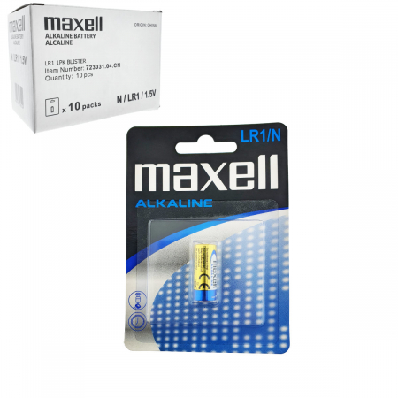 Baterii Alcaline LR1 910A - Set 10 baterii alcaline Maxell LR1 / N / AM5, 1.5V, capacitate 800-1000 mAh, 12mm diametru x 30mm inaltime, in blistere