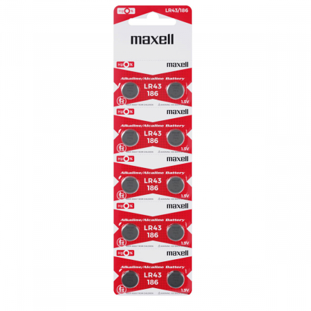 Baterii ceas alcaline - Set 10 baterii alcaline Maxell LR43 / AG12 (186), 1.5V, diametru 11.6mm, grosime 4.2mm, medium drain, in blister
