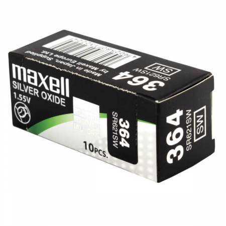 Baterii Butoni - Set 10 baterii de ceas tip buton, Maxell SR621SW (364) / 392 / AG1, 1.55V, 6.8mm diametru x 2.6mm inaltime, capacitate 30 mAh, high drain, oxid de argint, in blistere
