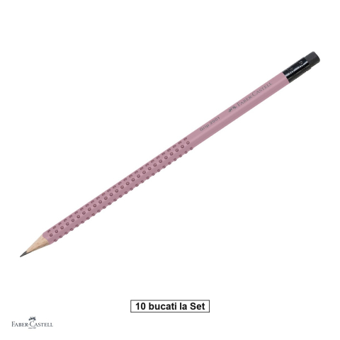 Birotica papetarie - Set 10 creioane grafit cu guma Faber-Castell Grip 2001 Rose, mina B, forma triunghiulara ergonomica